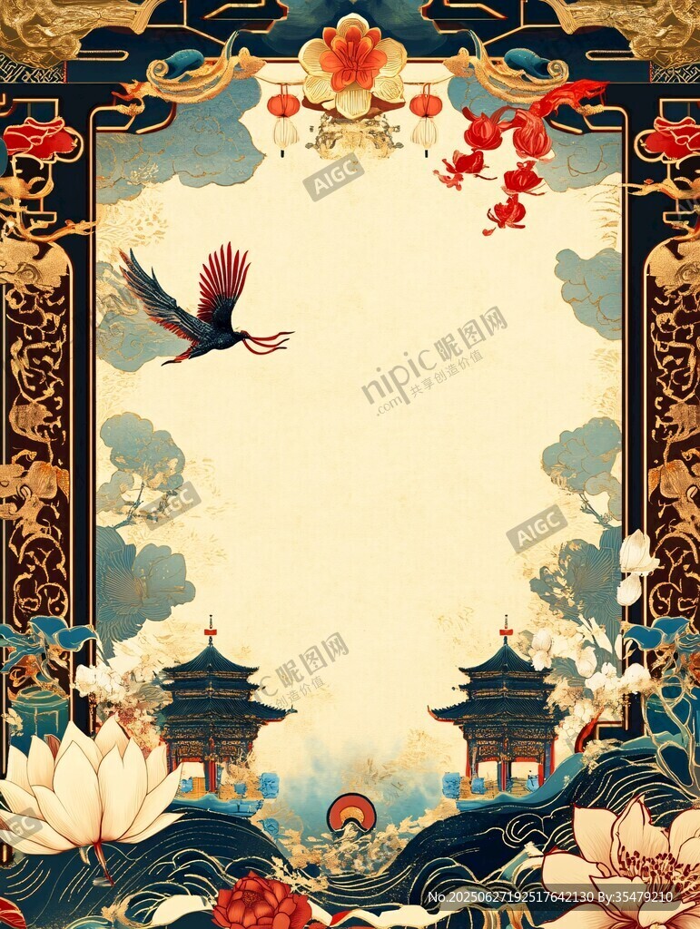 中式古典花鳥亭閣邊框圖