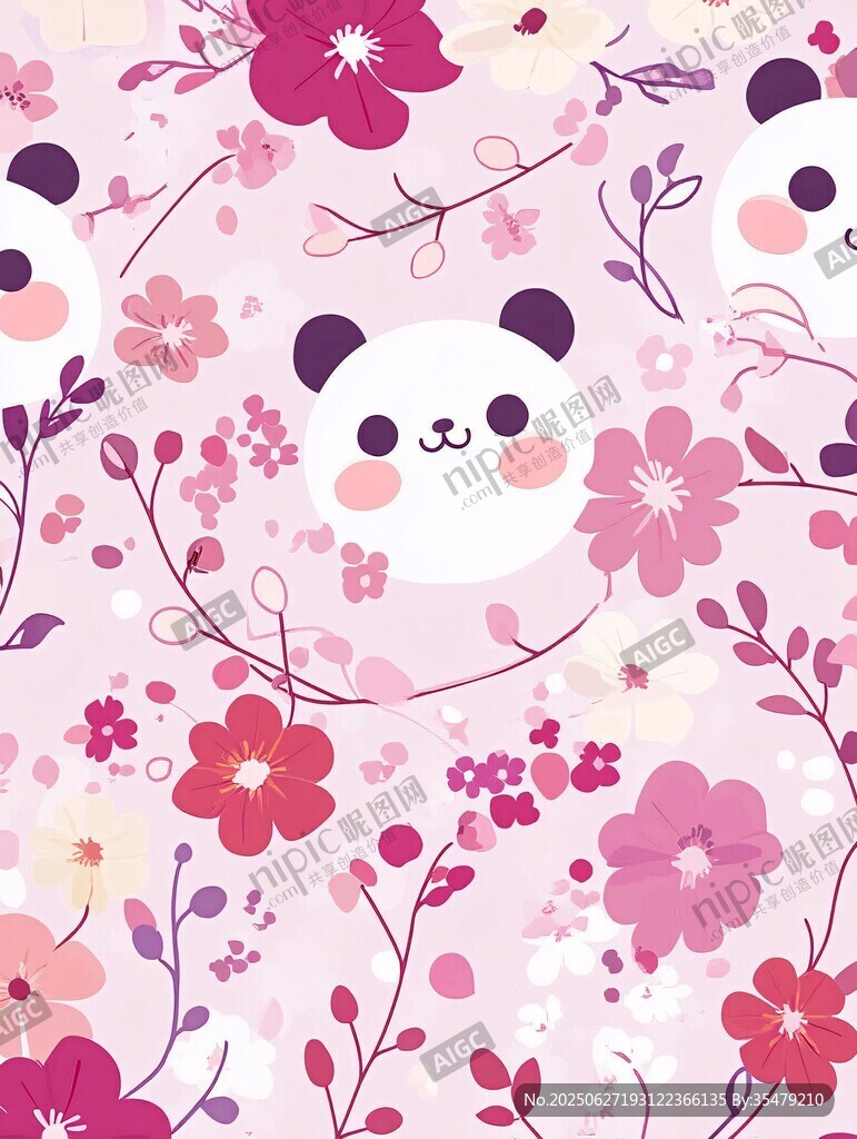 熊貓花卉可愛無縫圖案