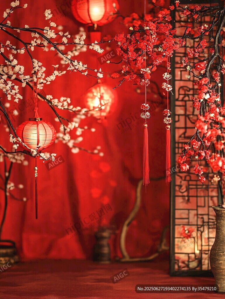 中式紅韻 燈籠繁花映雅景