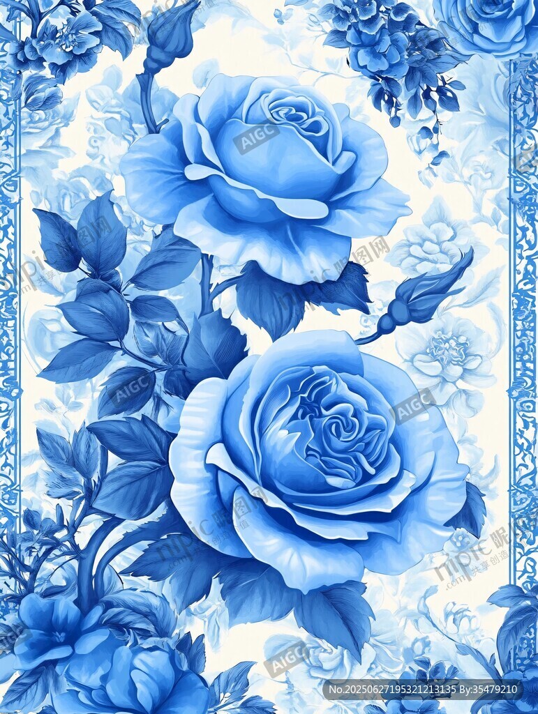 藍玫瑰花卉精致圖案