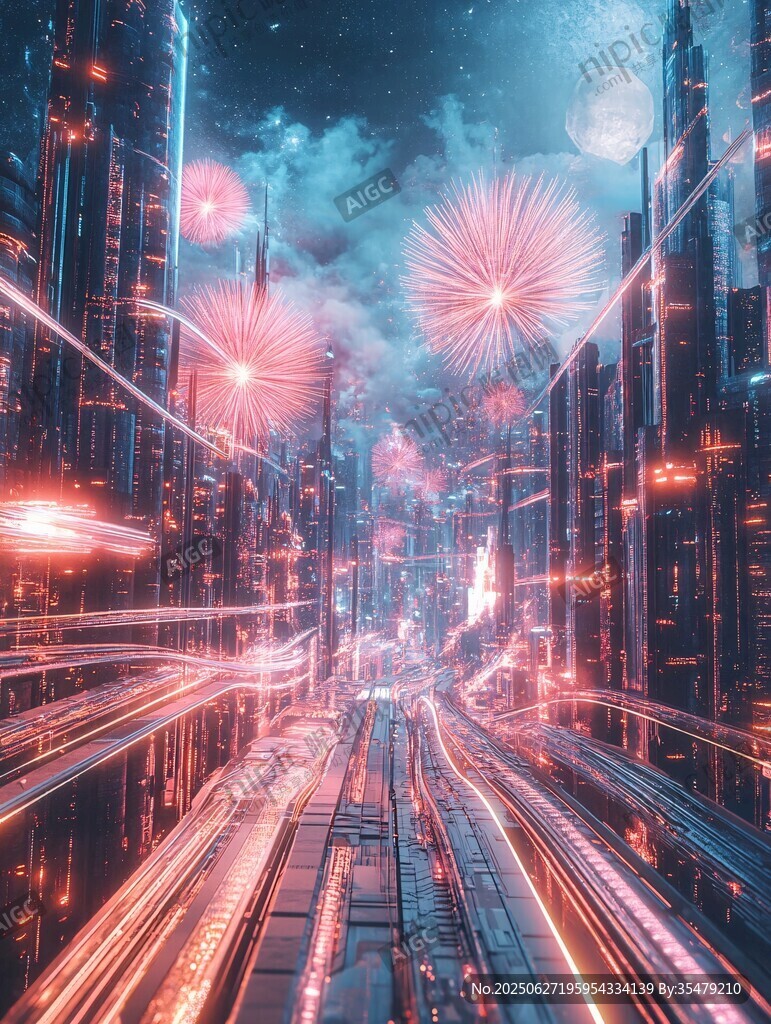 未來都市夜景與絢爛煙花