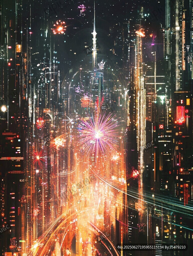 未來(lái)都市煙花絢爛夜景