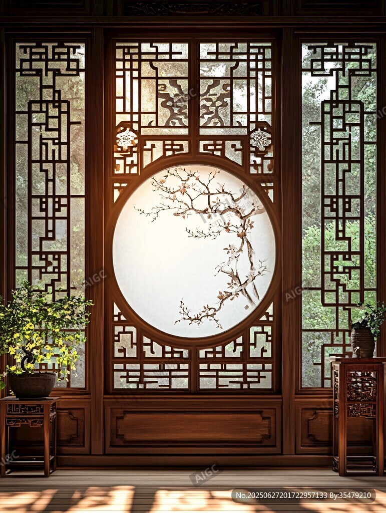 中式雕花窗下的靜謐景致
