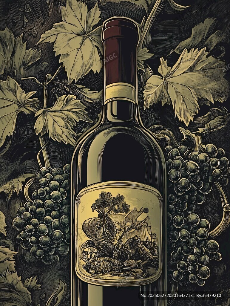 復古風葡萄酒瓶與葡萄圖景