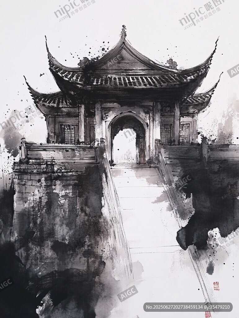水墨古風(fēng)亭閣意境圖