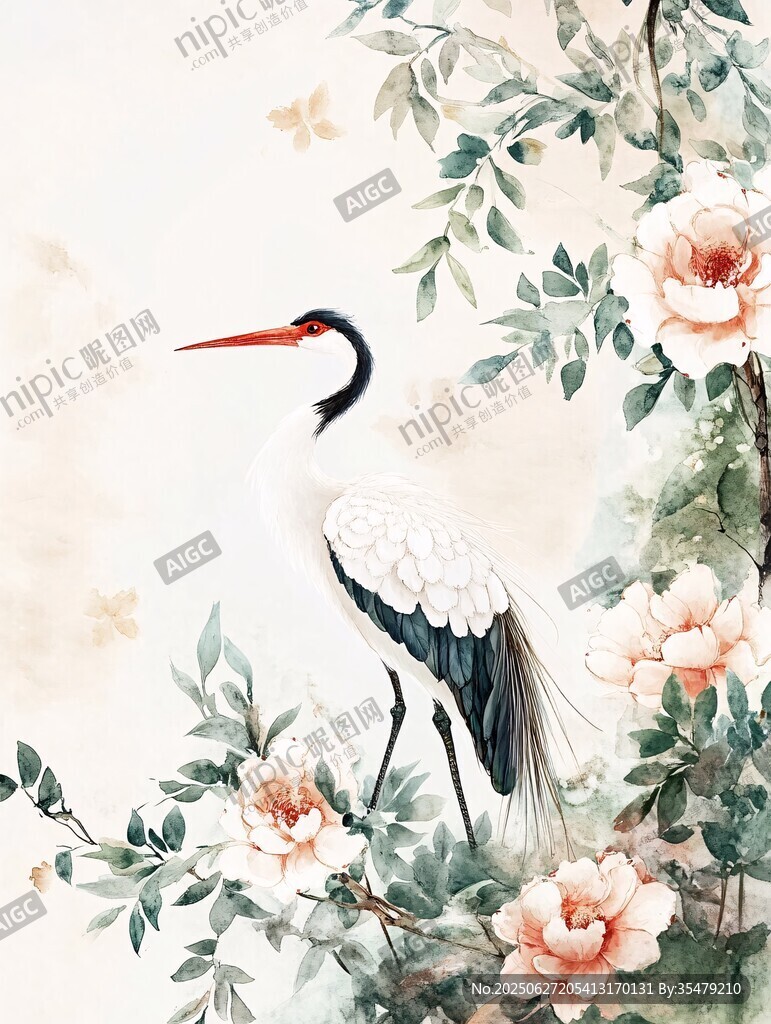 丹頂鶴棲于繁花綠葉間