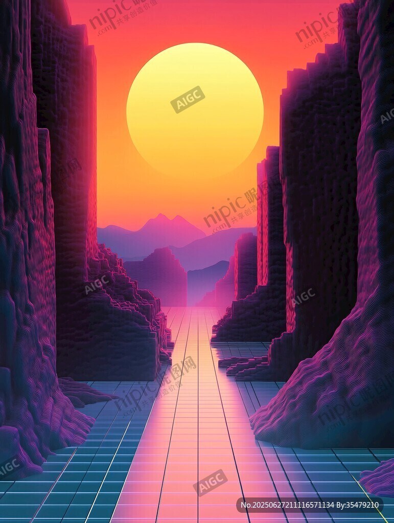 夢幻夕陽下的科幻峽谷通道
