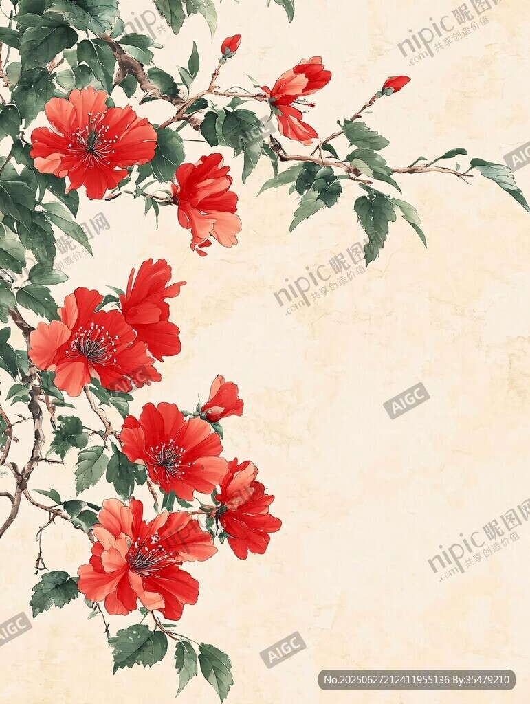 中式紅花朵枝葉插畫圖