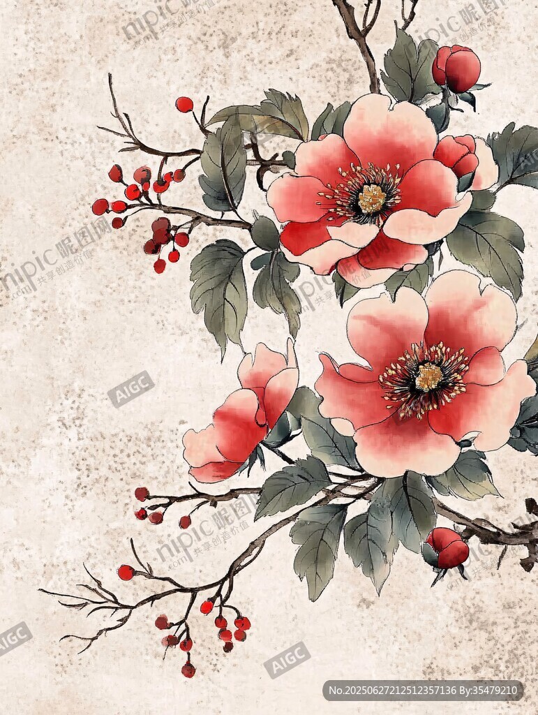 中式水墨風綻放花卉圖