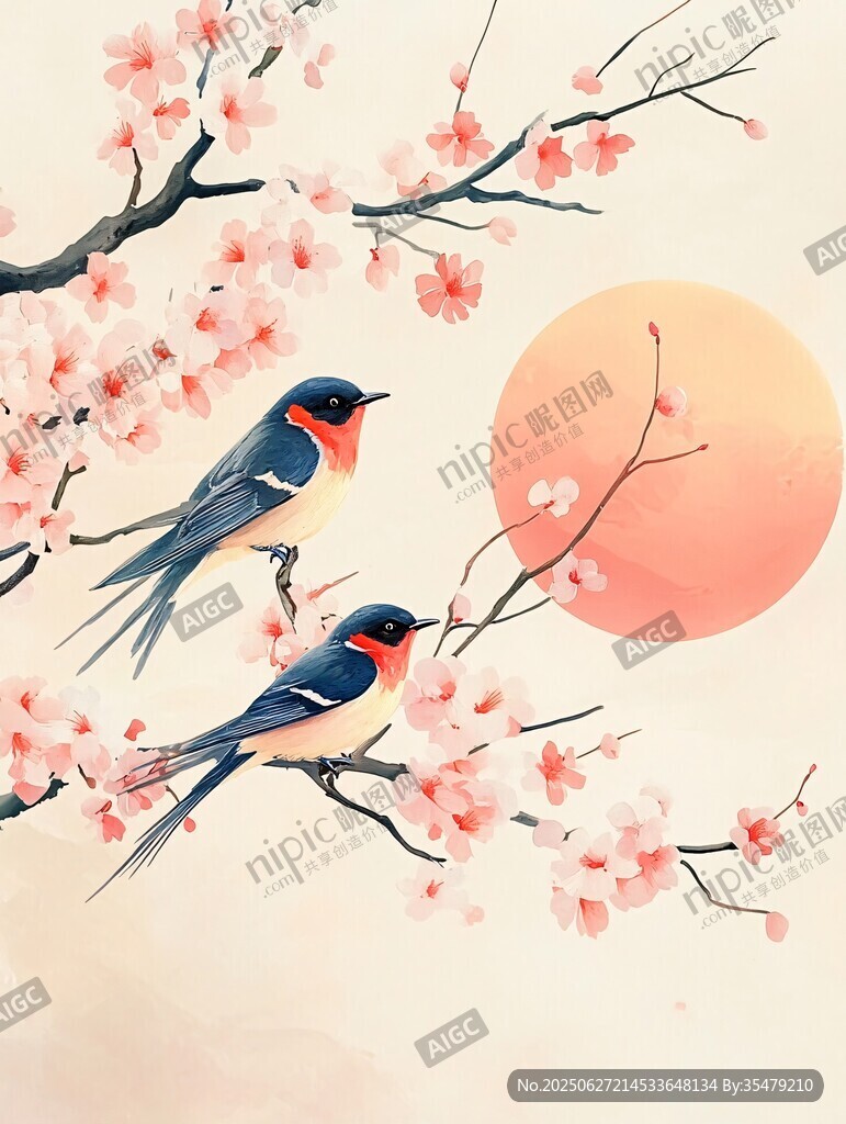 春日雙燕棲于繁花枝頭