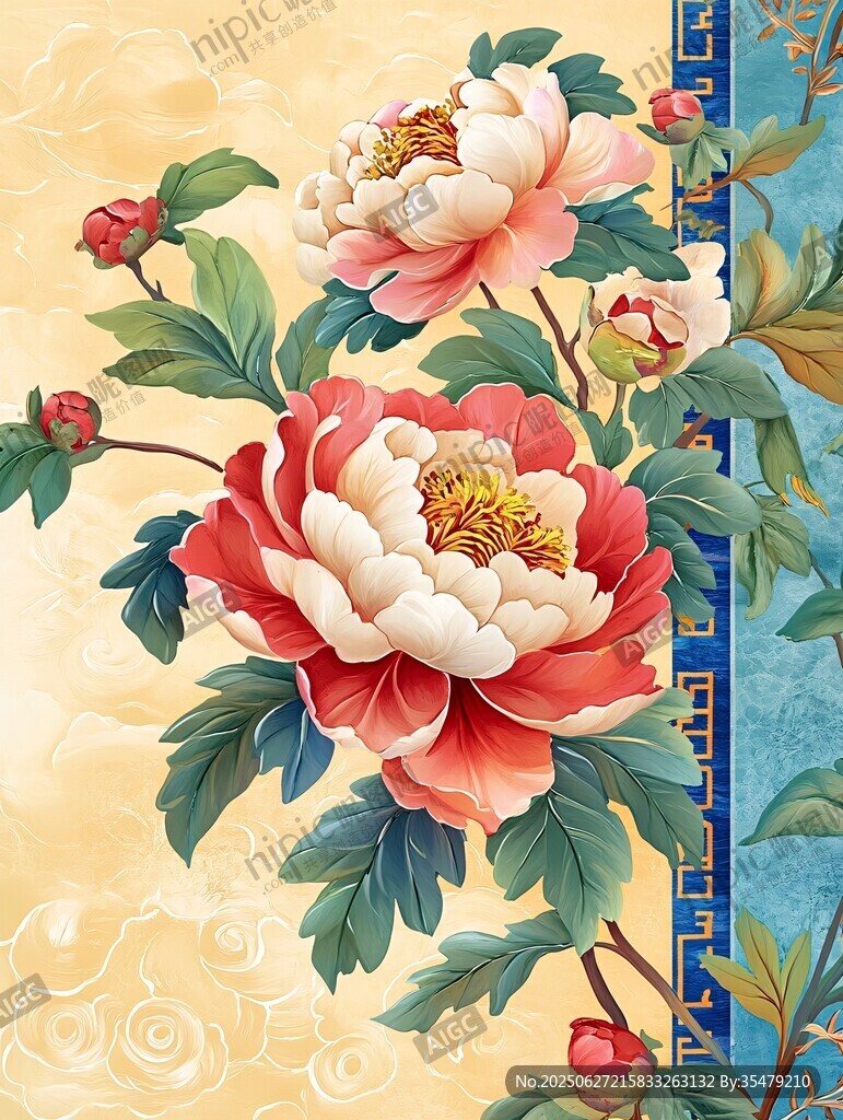 國色牡丹中式花卉插畫