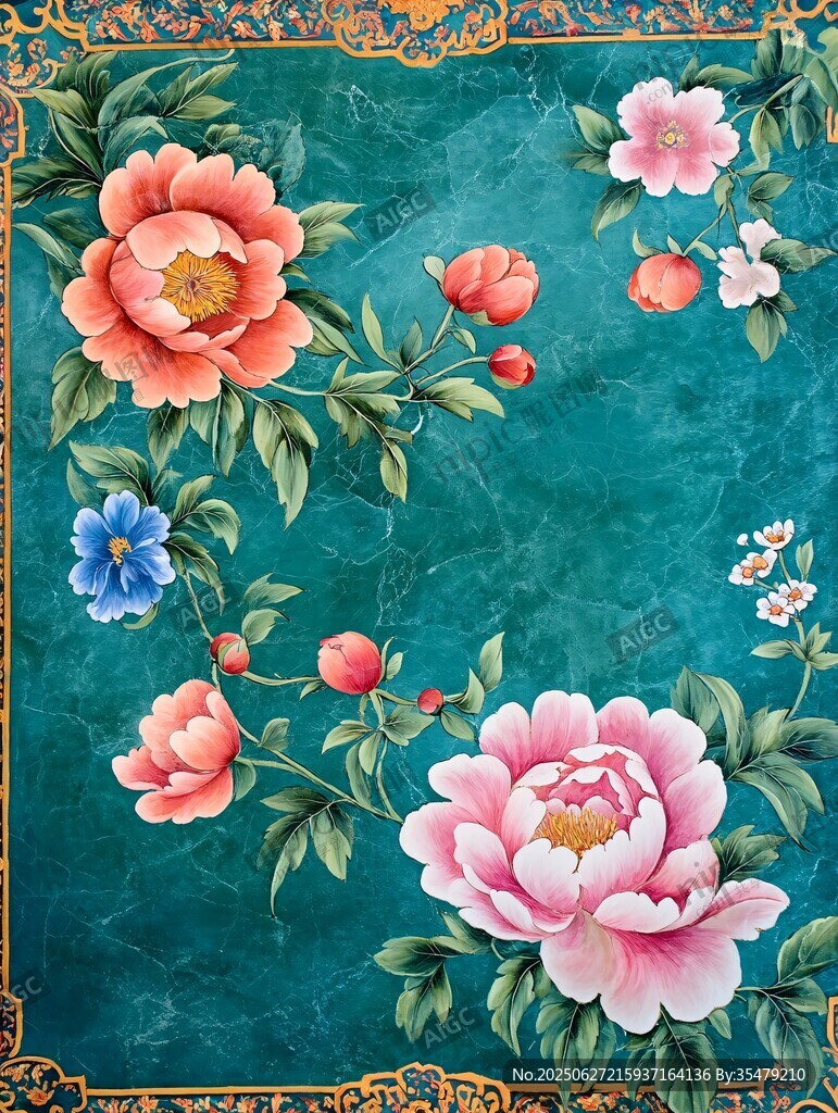 中式繁花綠底古典紋飾圖