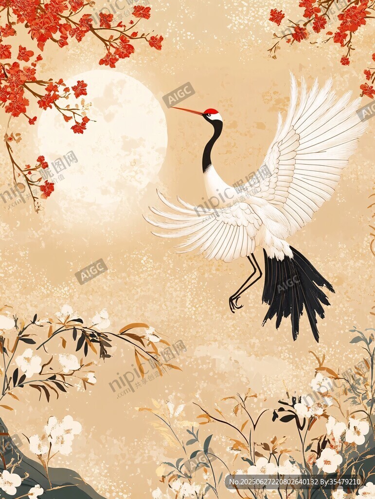 仙鶴踏花映月圖