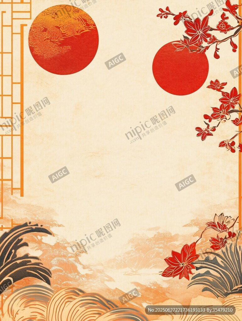 中式古風紅日花卉背景圖