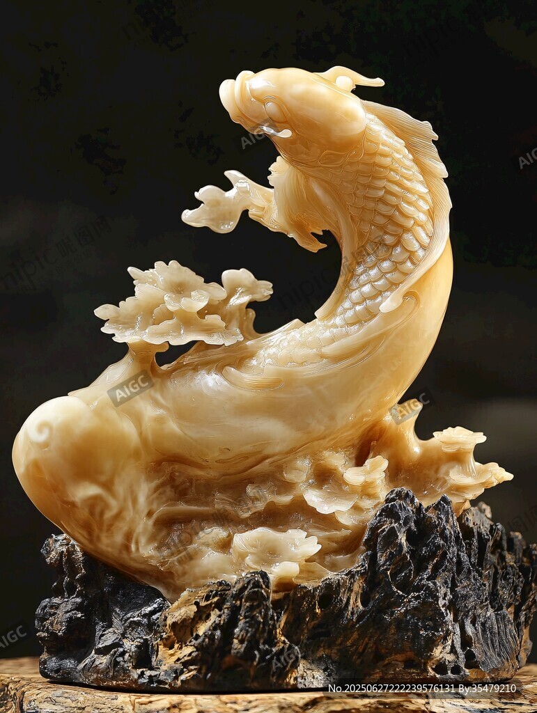 玉雕鯉魚(yú)躍于山石花草間
