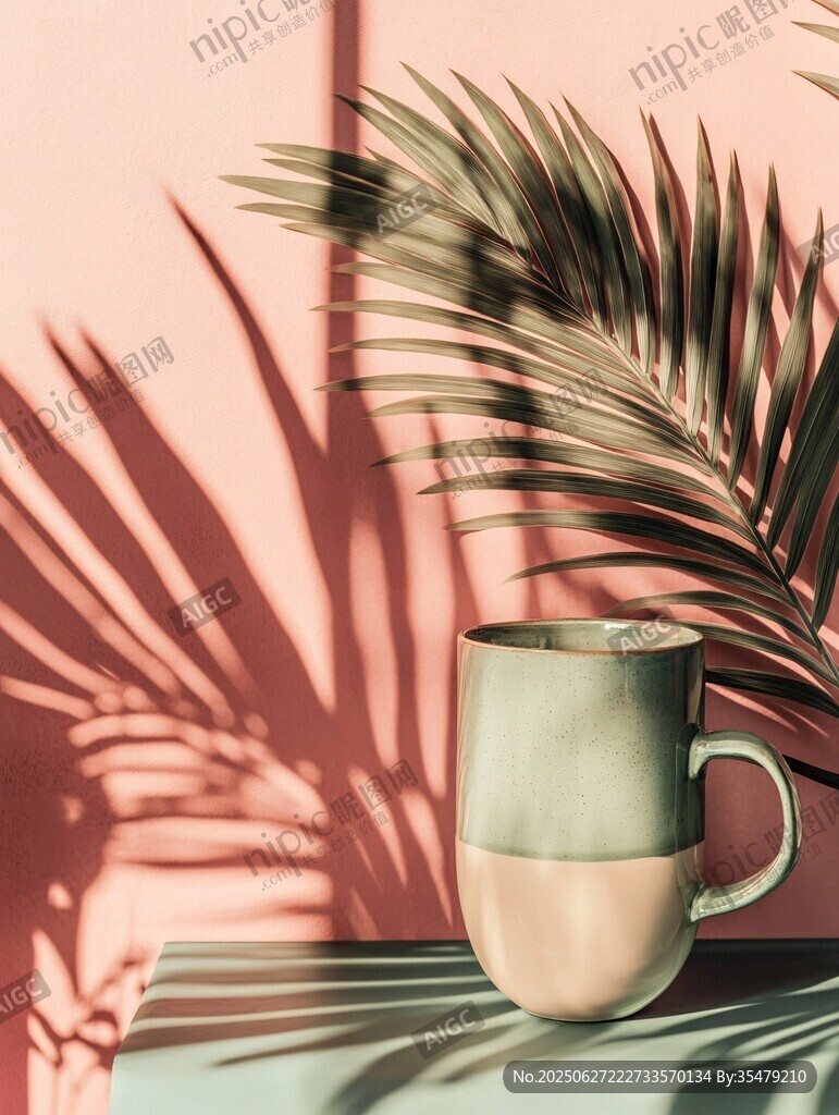 粉色背景下的綠植與咖啡杯
