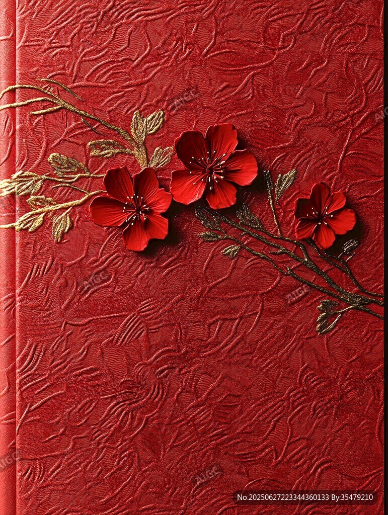 紅底金枝三朵紅花圖案