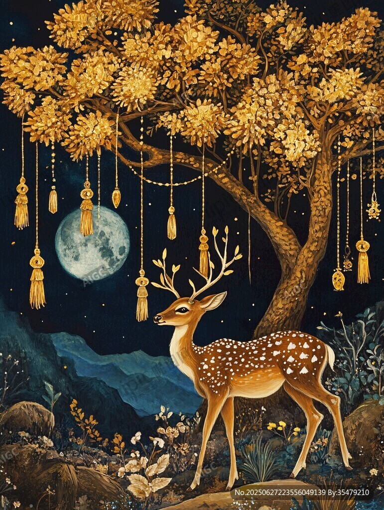 月夜下的夢幻小鹿與金樹