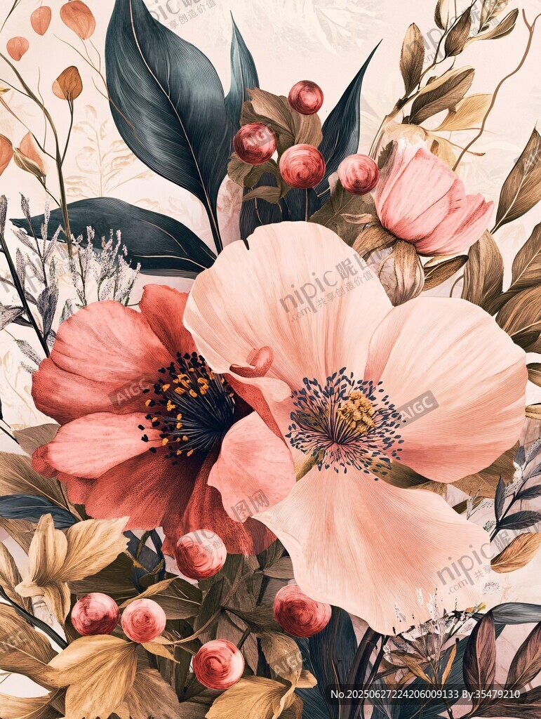 復古風花卉插畫藝術作品