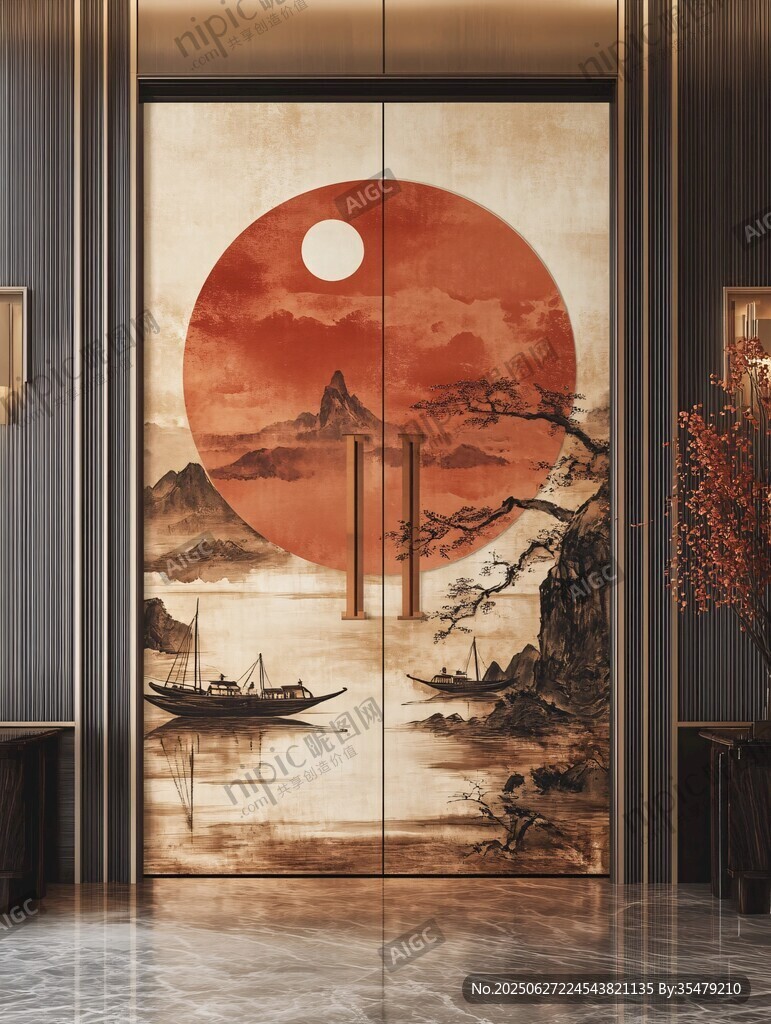 中式玄關(guān)山水紅日藝術(shù)畫