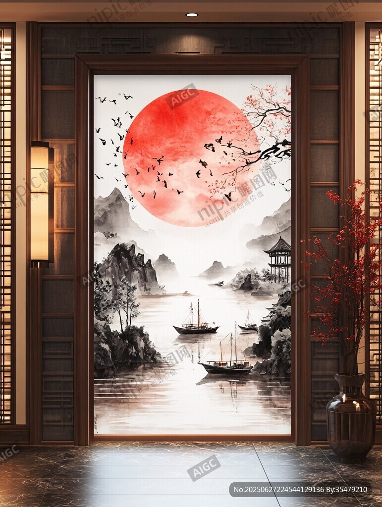 中式玄關(guān)紅日山水意境畫