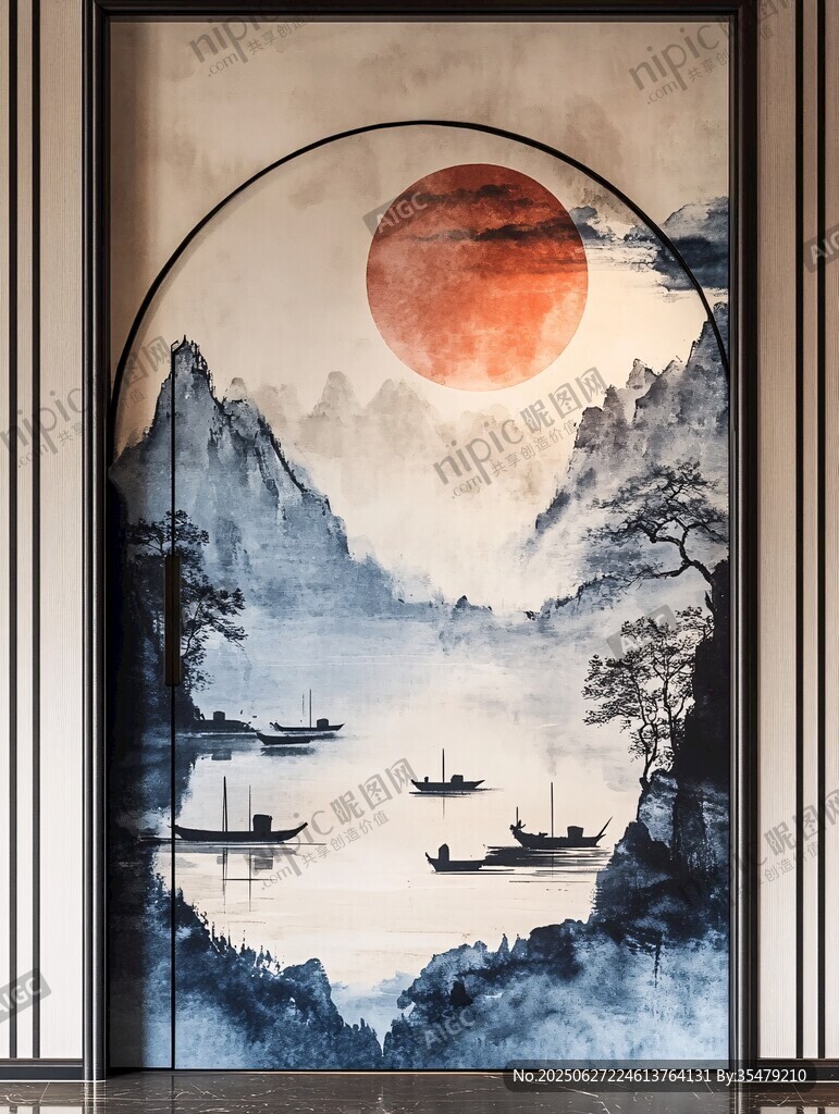 中式山水紅日屏風畫