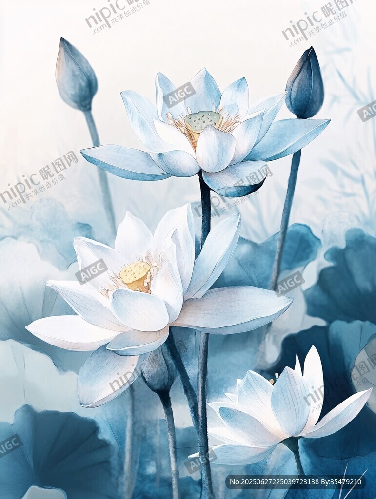 水墨風盛開的清雅白蓮花