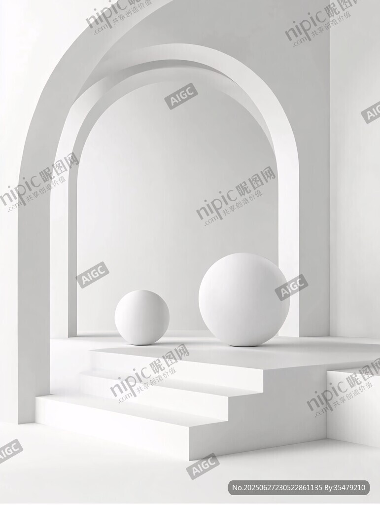 白色極簡空間中的球體展示