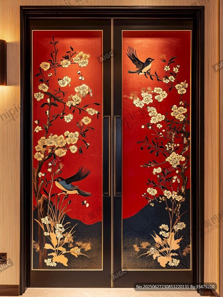 中式花鳥雙開紅漆大門