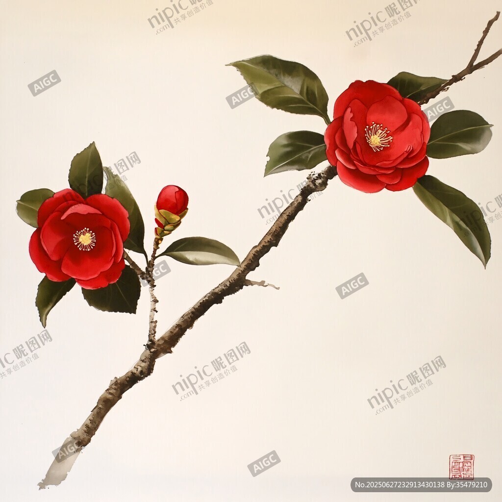 紅山茶枝頭綻放的艷麗