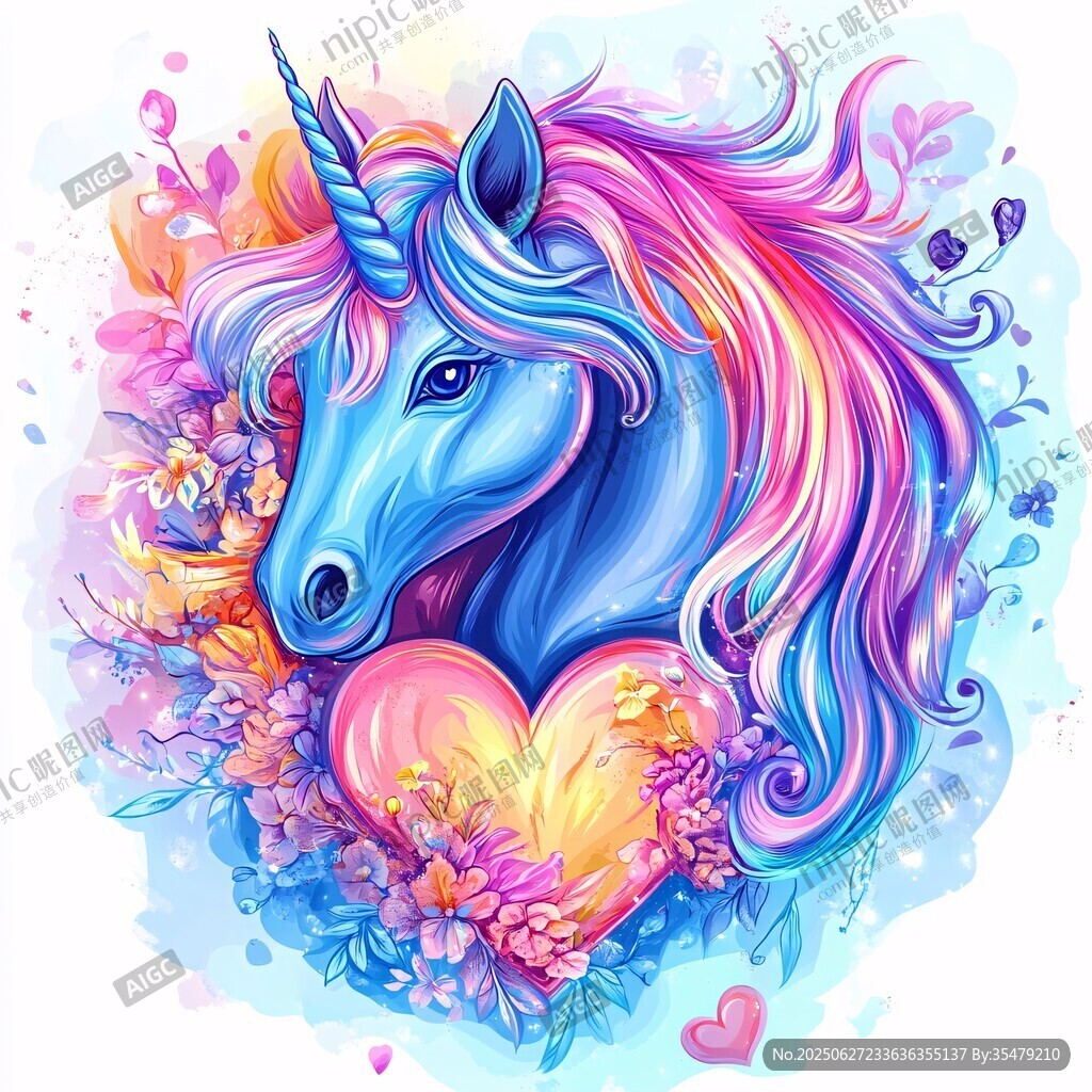 夢幻獨角獸與愛心花卉圖案
