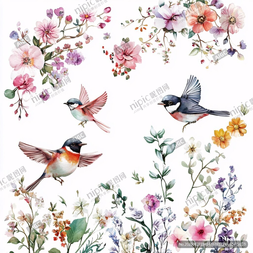 花鳥水彩插畫素材
