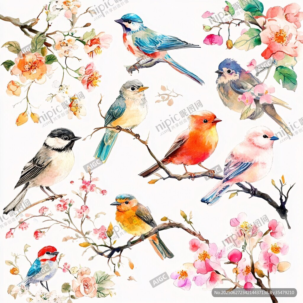 花鳥水彩插畫