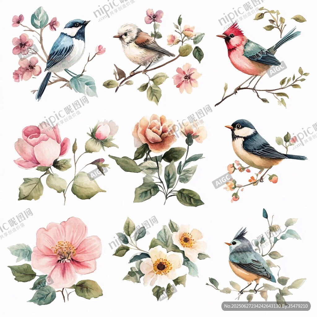 花鳥水彩插畫素材集合