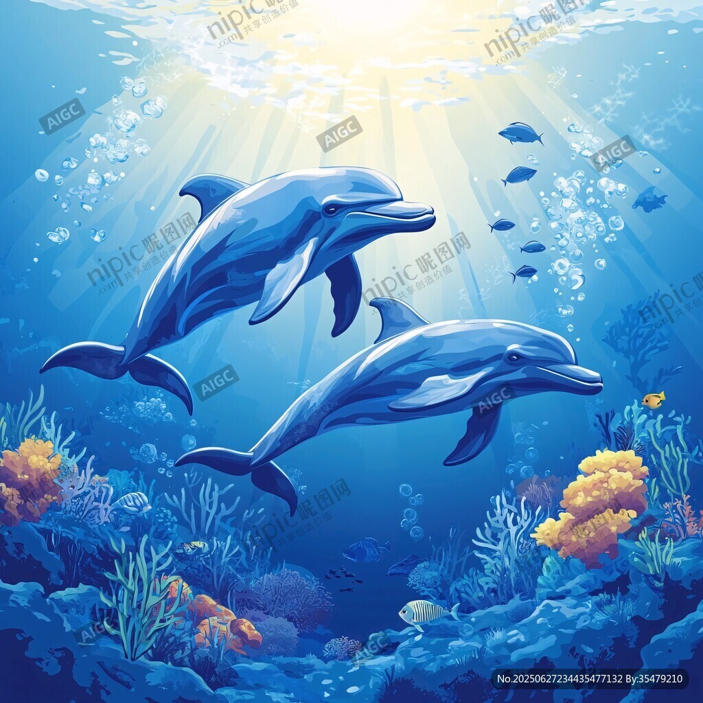 海底雙海豚暢游夢幻圖景