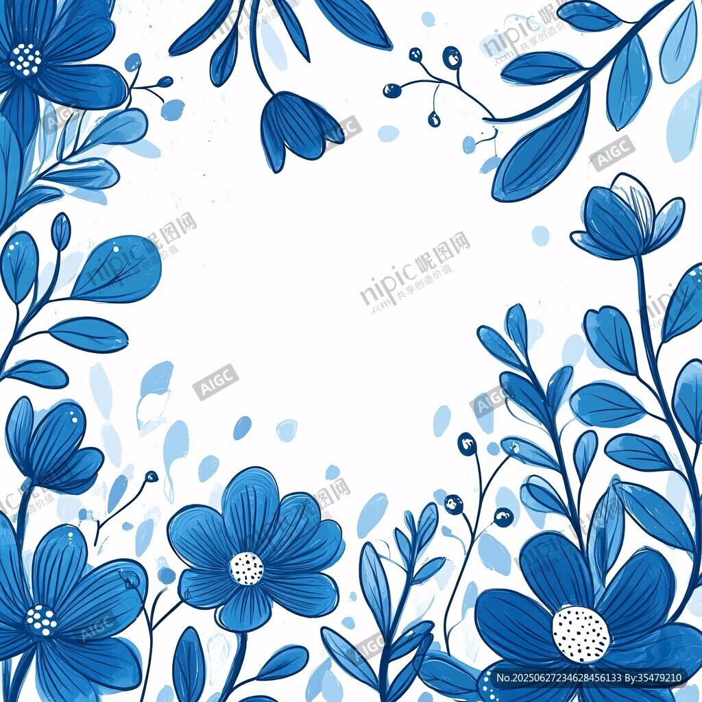 藍(lán)色花卉邊框插畫(huà)設(shè)計(jì)