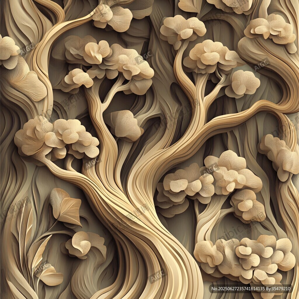 立體木雕風格的奇幻樹木圖案