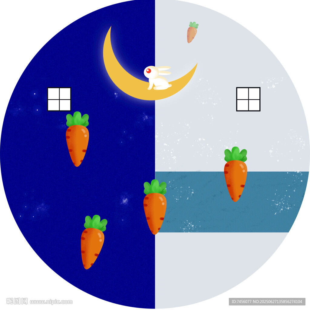 月夜白兔與胡蘿卜圓形裝飾畫