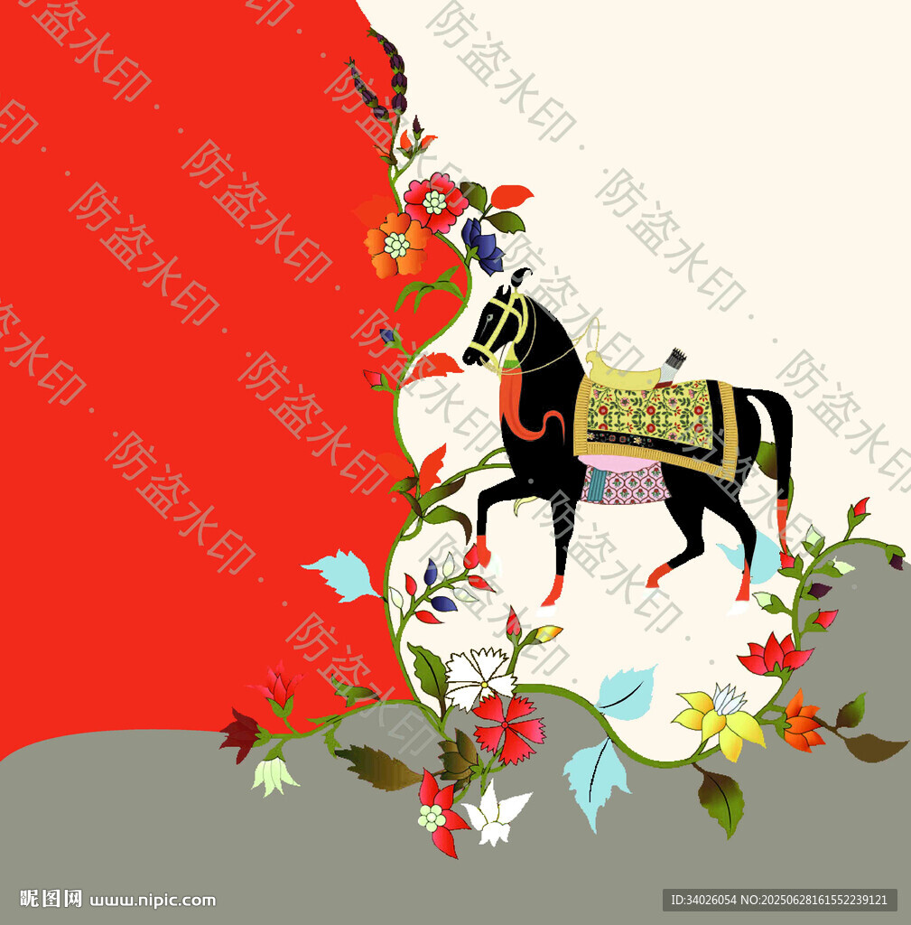 中式駿馬花卉裝飾圖案
