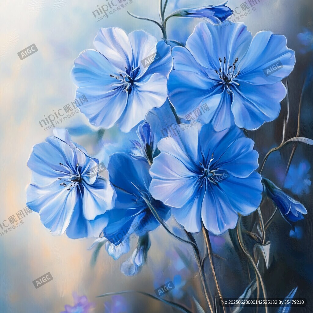 夢幻藍色亞麻花插畫