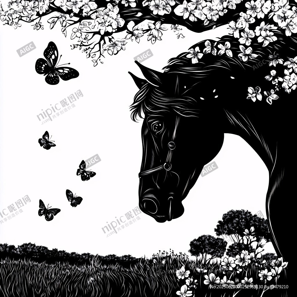 黑駿馬與蝶在繁花下