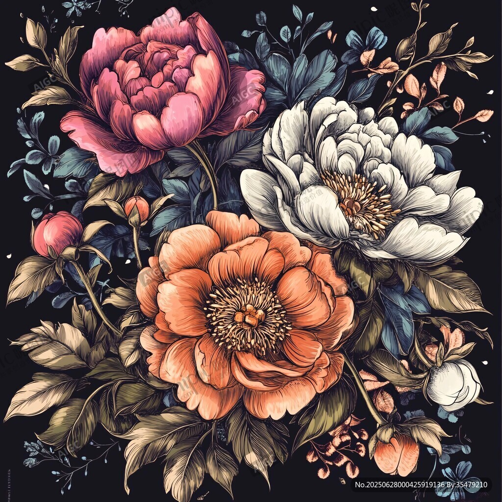 復古花卉插畫 色彩斑斕花朵
