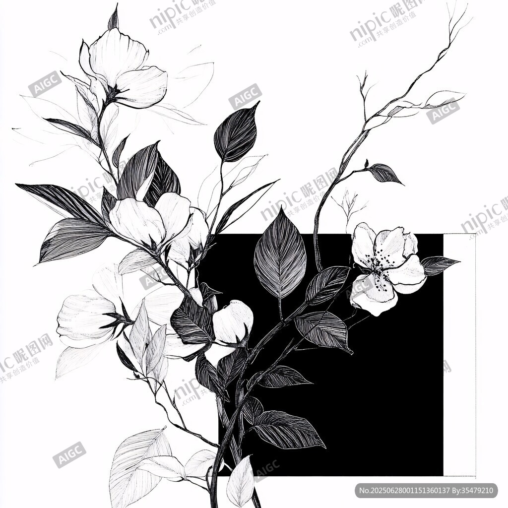 黑白花卉線描插畫藝術