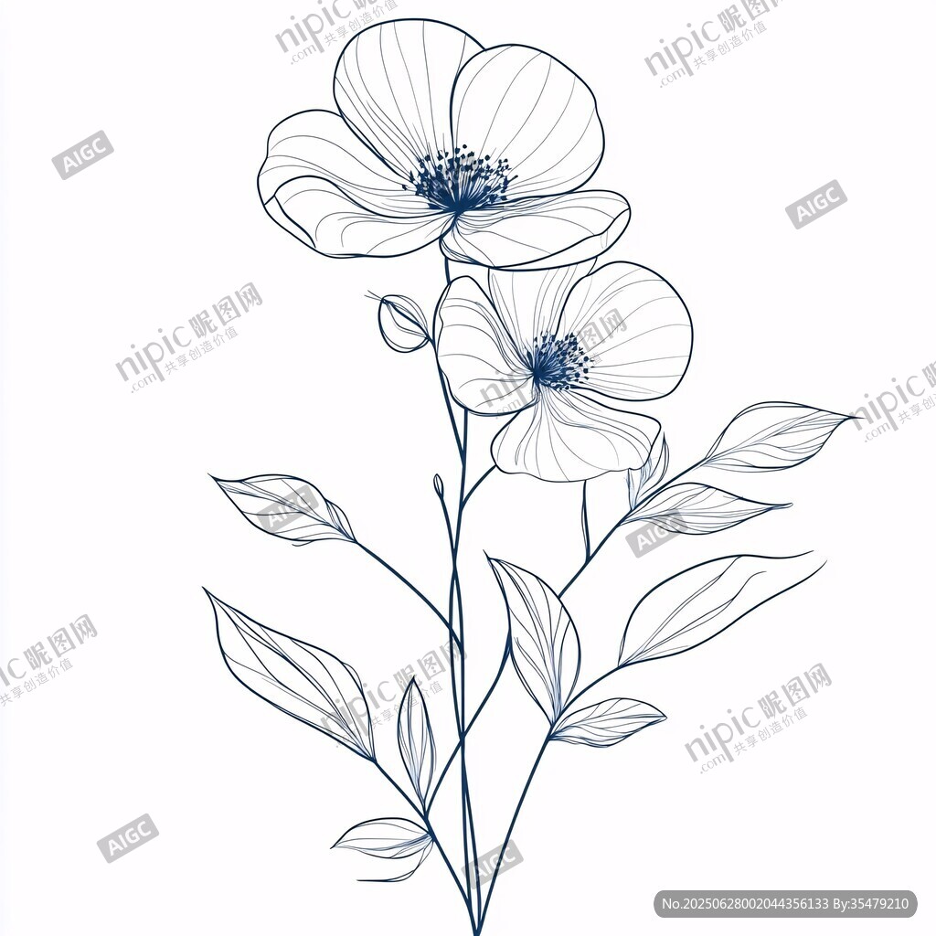 手繪藍(lán)線花朵植物圖案
