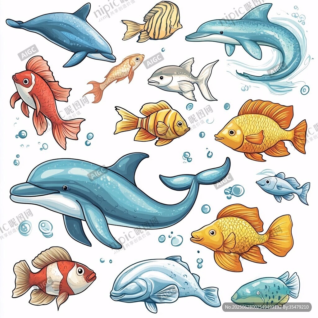 海洋魚類與海豚可愛插畫