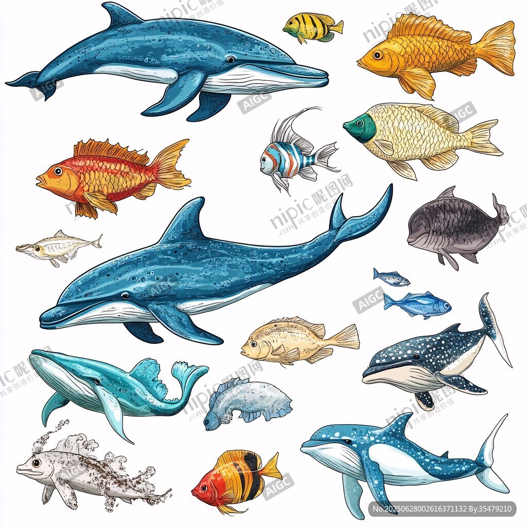 海洋魚類與鯨類插畫集合