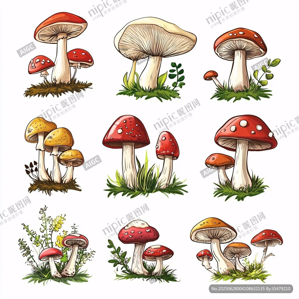 手繪多彩蘑菇插畫集合