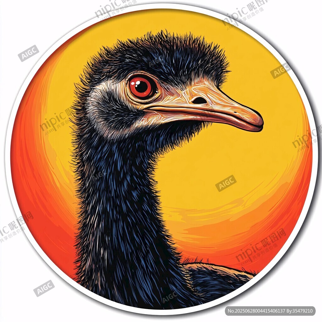 圓形插畫中的鴕鳥頭部特寫