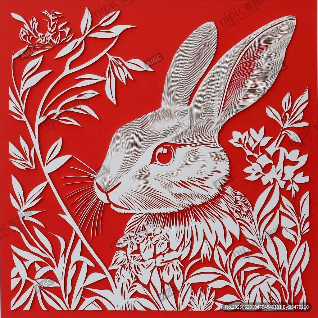 紅色剪紙風可愛兔子花卉圖