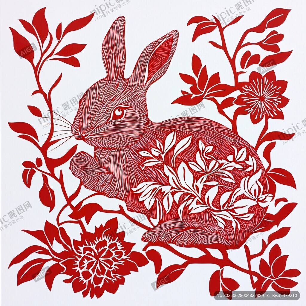 兔棲繁花間剪紙藝術圖